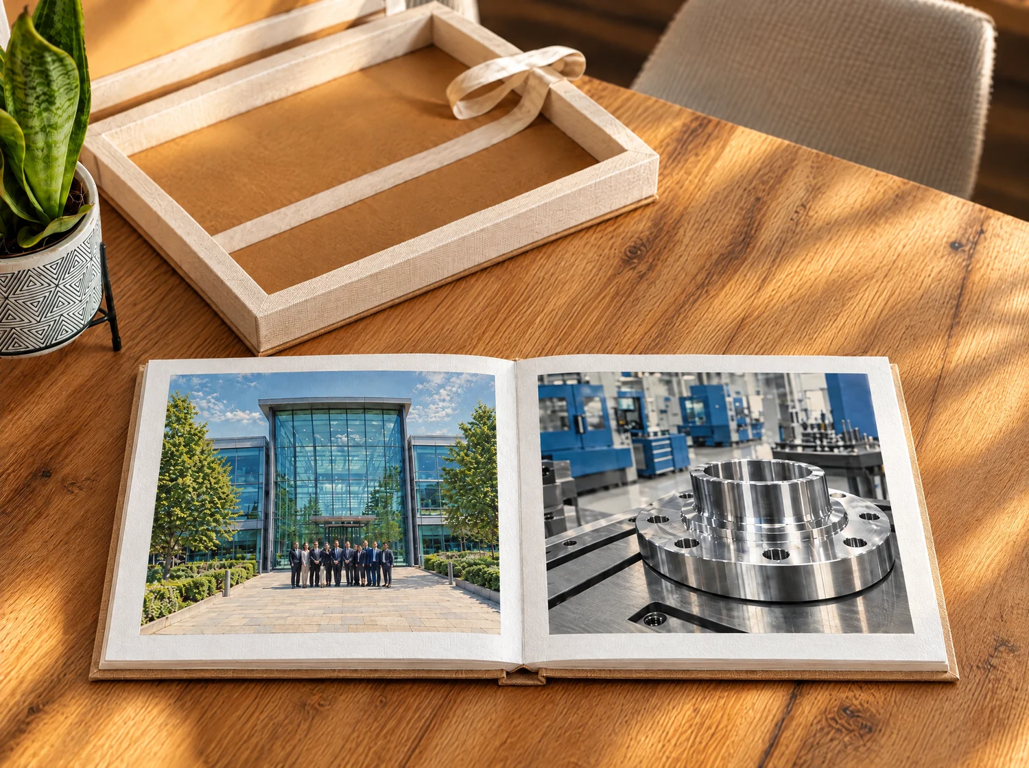 Aufgeschlagenes Recordia-Fotobuch mit Unternehmensfotos neben seiner Kassette